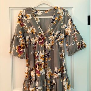 Orange Brown Floral Ruffled Midi Dress